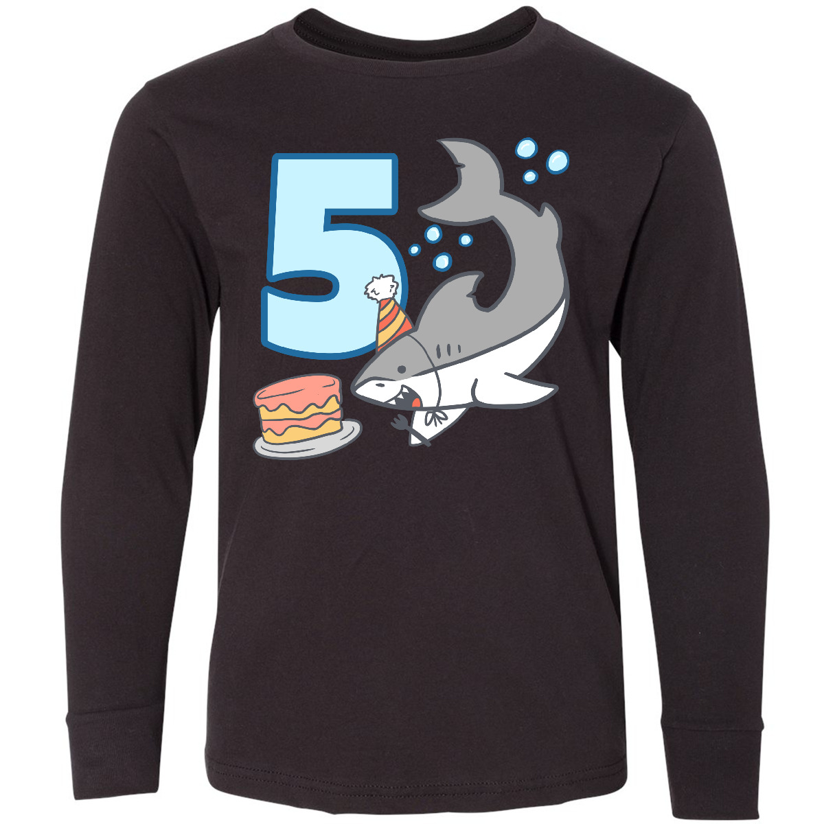 Inktastic 5th Birthday Shark With Cake Youth Long Sleeve T-Shirt Sharks Lover 5 - Picture 2 of 3