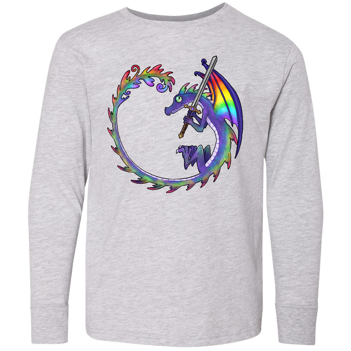 Inktastic Rainbow Dragon With Sword Youth Long Sleeve T-Shirt Dragons Colorful - Picture 3 of 5
