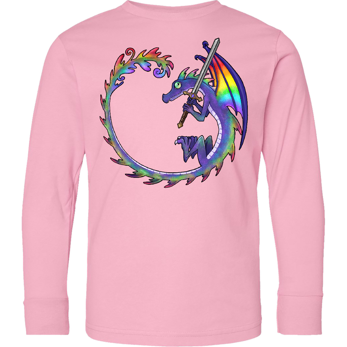 Inktastic Rainbow Dragon With Sword Youth Long Sleeve T-Shirt Dragons Colorful - Picture 4 of 5