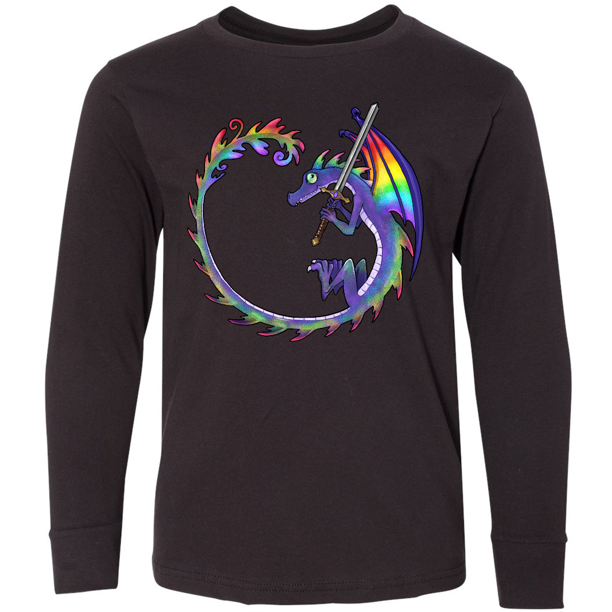Inktastic Rainbow Dragon With Sword Youth Long Sleeve T-Shirt Dragons Colorful - Picture 2 of 5