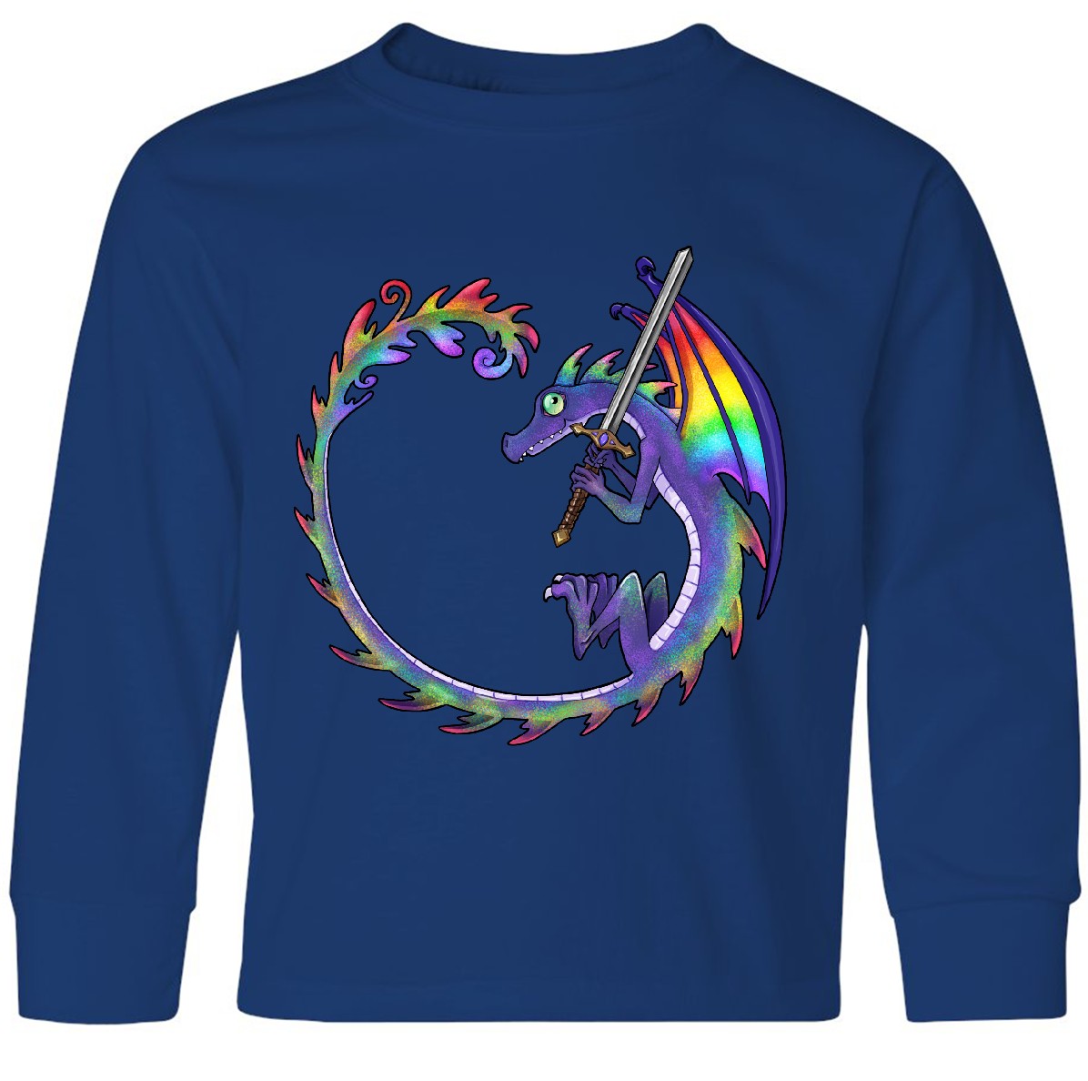 Inktastic Rainbow Dragon With Sword Youth Long Sleeve T-Shirt Dragons Colorful - Picture 5 of 5
