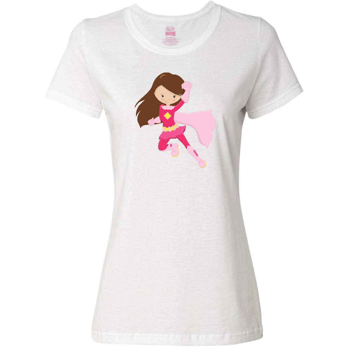 Inktastic Superhero Girl, Cute Girl, Brown Hair, Pink Cape Women's T-Shirt In - Picture 2 of 2