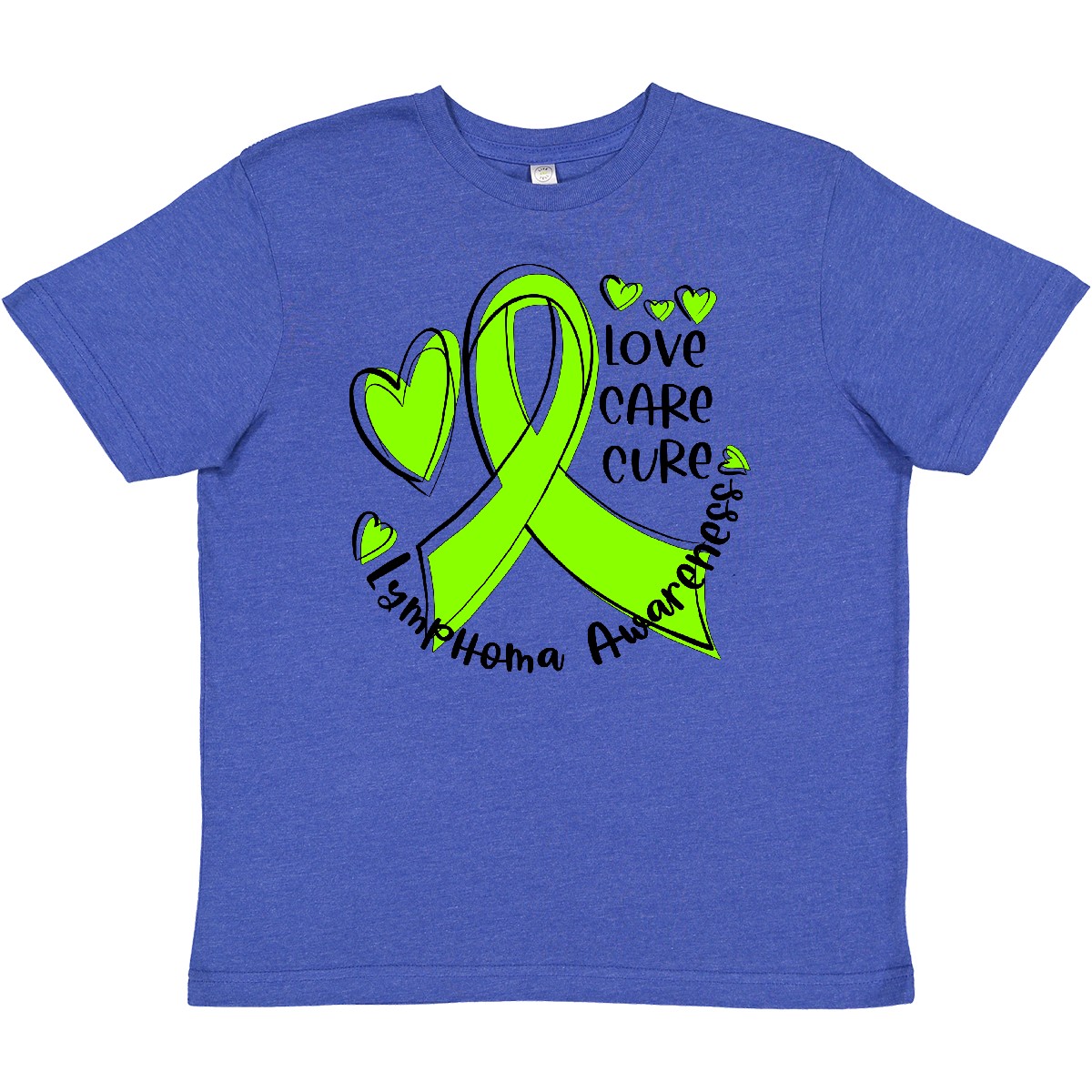 Inktastic Love, Care, Cure Lymphoma Awareness Lime Green Ribbon Youth T-Shirt Jc - Picture 8 of 8