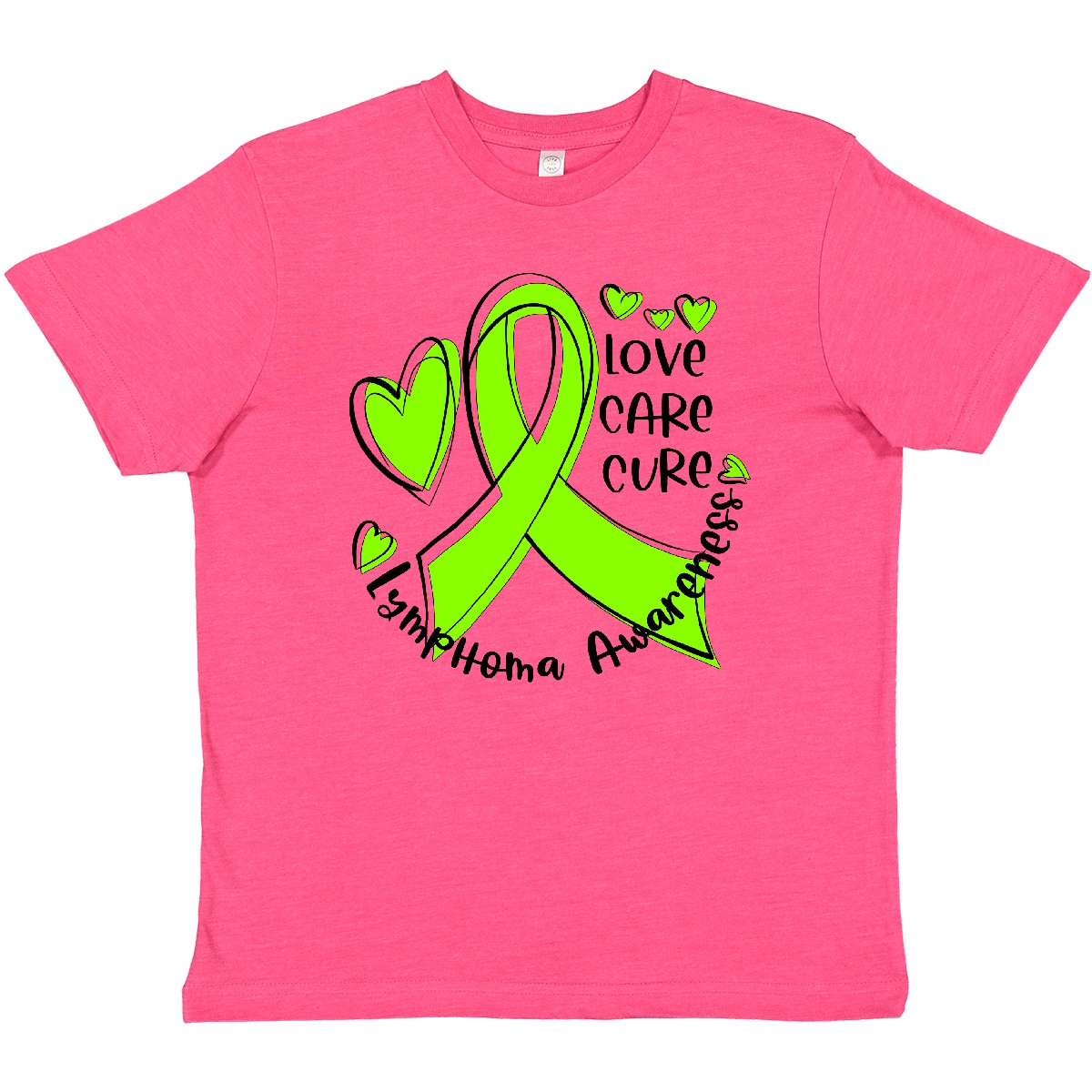 Inktastic Love, Care, Cure Lymphoma Awareness Lime Green Ribbon Youth T-Shirt Jc - Picture 7 of 8