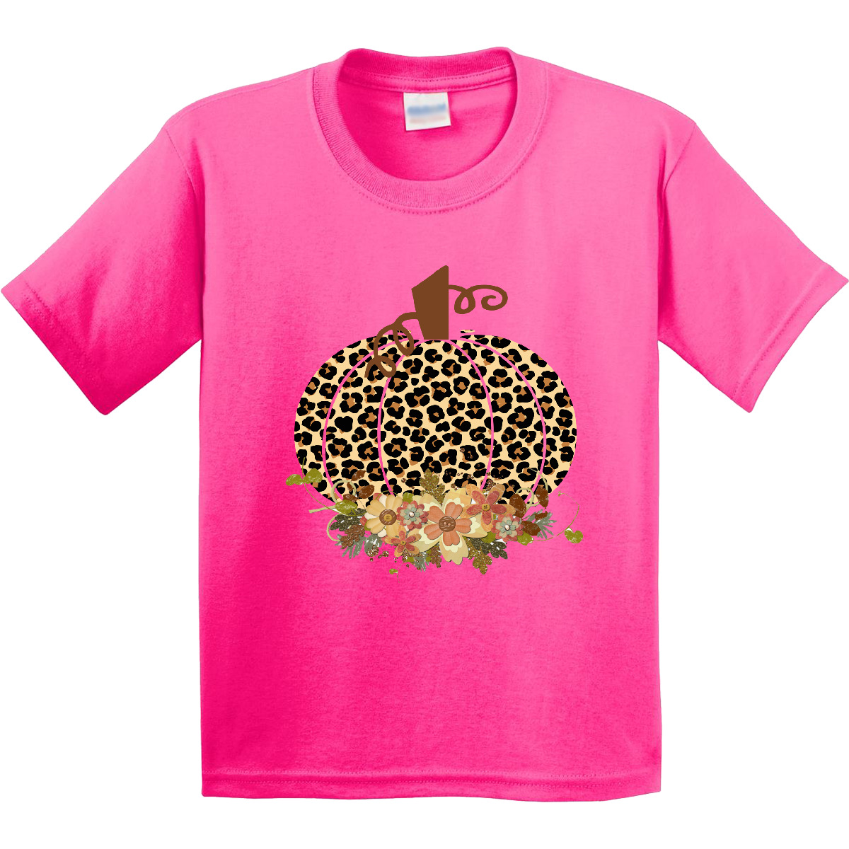 Inktastic Cheetah Print Pumpkin Youth T-Shirt Boodlebug Autumn Flowers Pumpkins - Picture 4 of 7