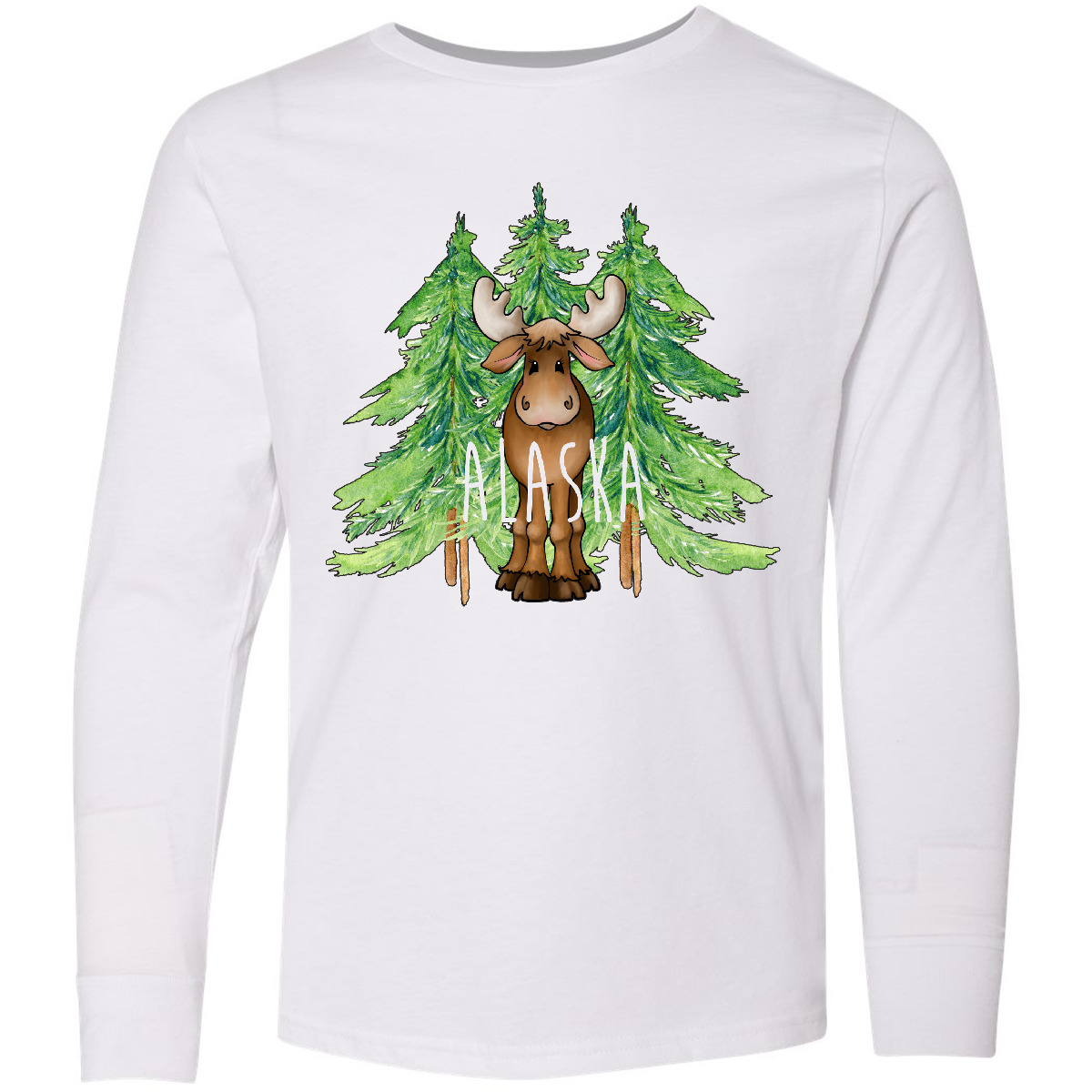 Inktastic Alaska Moose And Trees Youth Long Sleeve T-Shirt States Boodlebug Home - Picture 5 of 5
