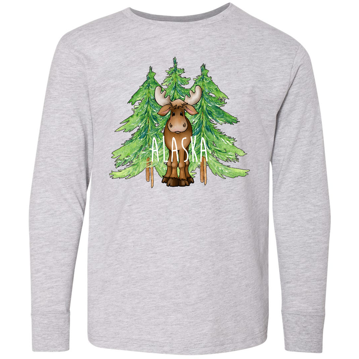 Inktastic Alaska Moose And Trees Youth Long Sleeve T-Shirt States Boodlebug Home - Picture 3 of 5
