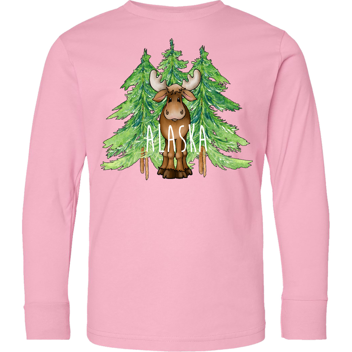 Inktastic Alaska Moose And Trees Youth Long Sleeve T-Shirt States Boodlebug Home - Picture 4 of 5