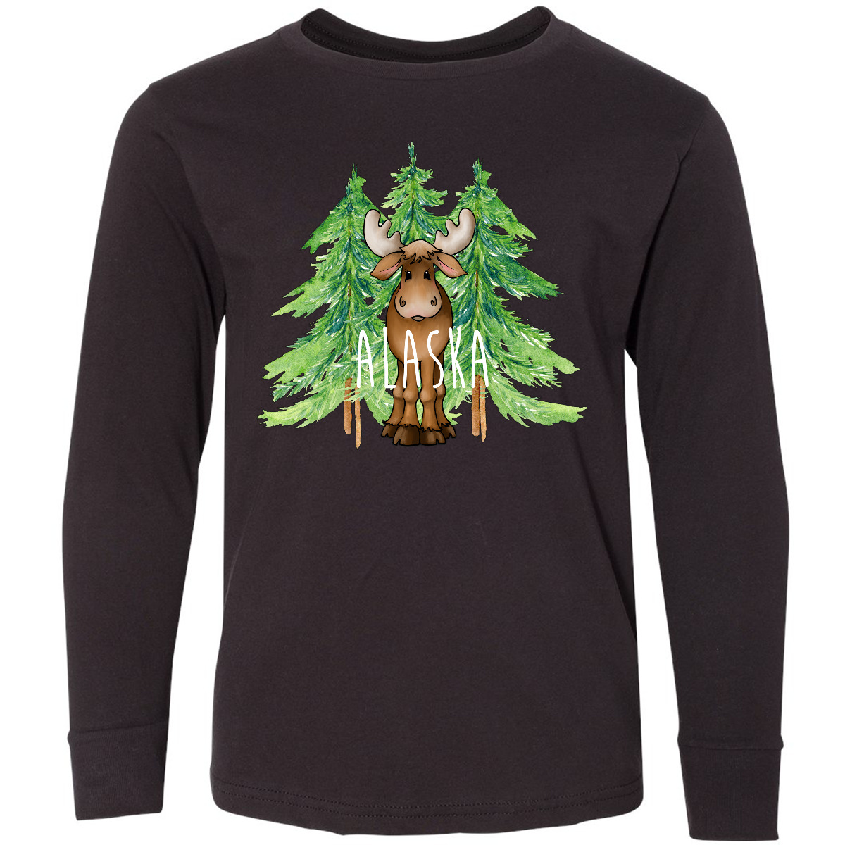 Inktastic Alaska Moose And Trees Youth Long Sleeve T-Shirt States Boodlebug Home - Picture 2 of 5