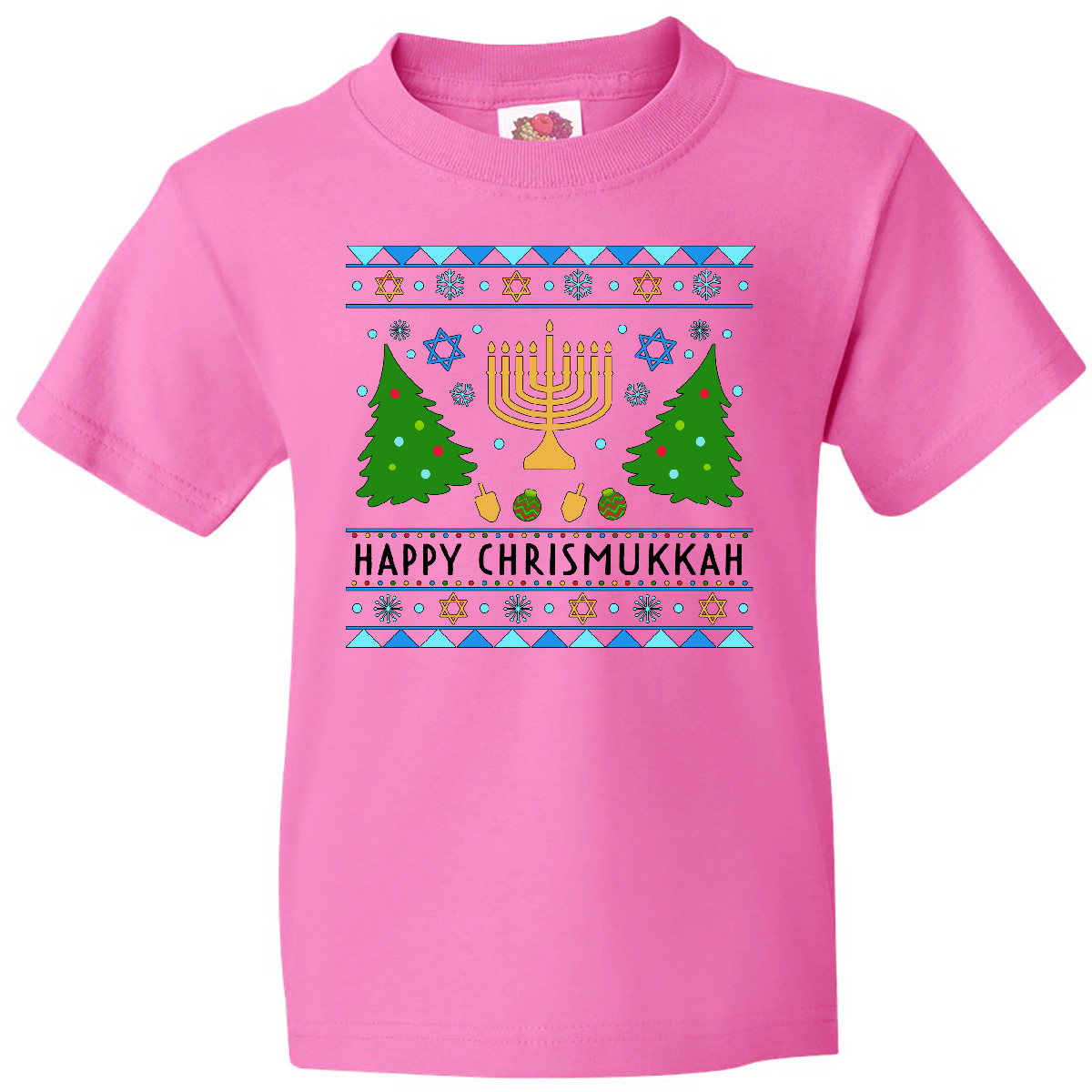 Inktastic Happy Chrismukkah Sweater Style With Menorah And Trees Youth T-Shirt - Picture 2 of 8