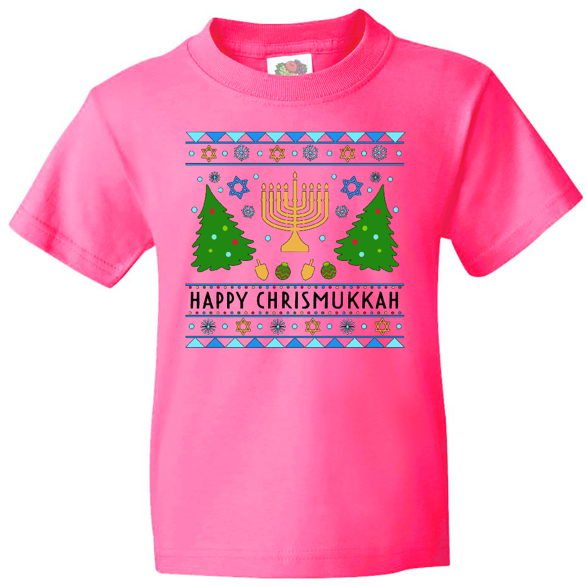 Inktastic Happy Chrismukkah Sweater Style With Menorah And Trees Youth T-Shirt - Picture 4 of 8