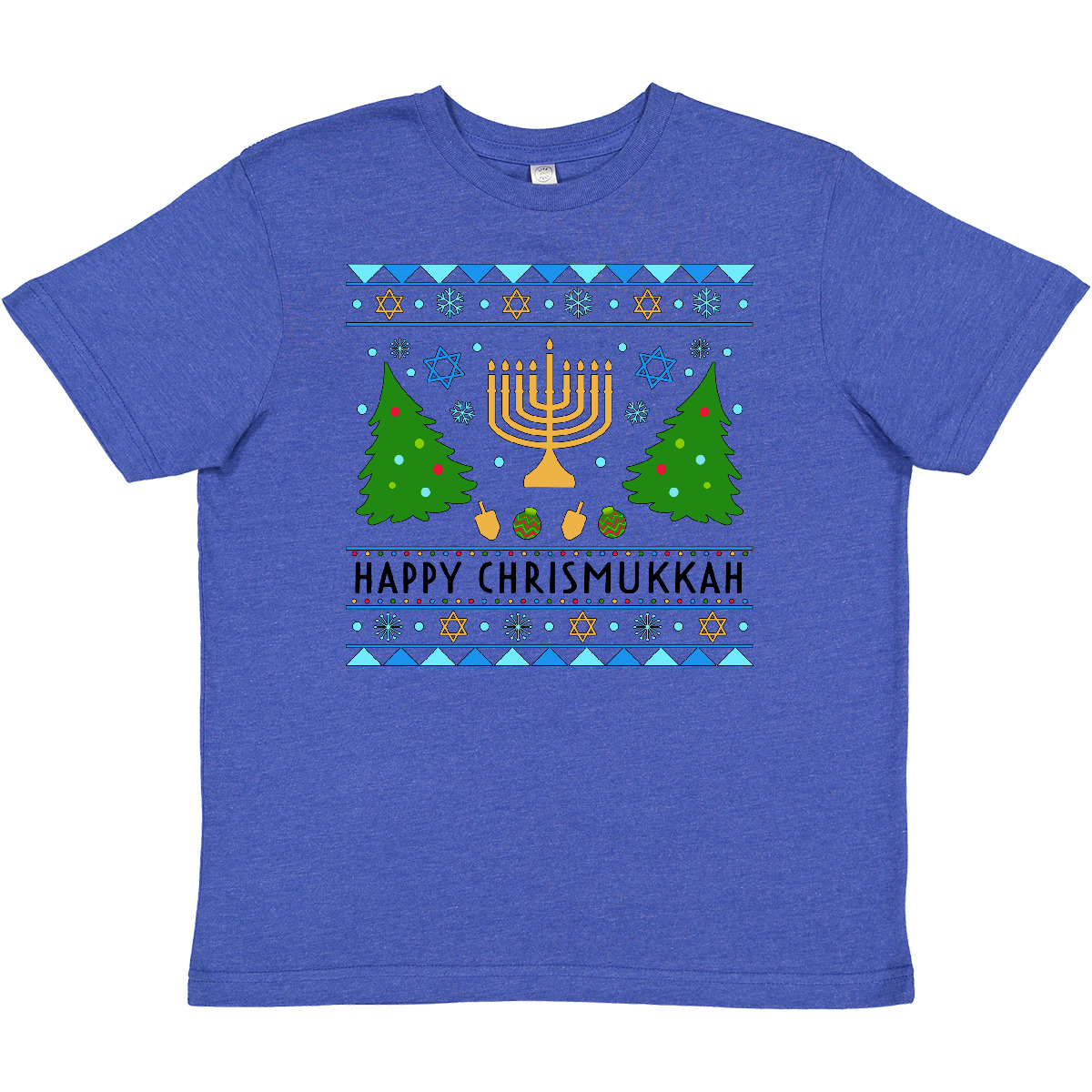 Inktastic Happy Chrismukkah Sweater Style With Menorah And Trees Youth T-Shirt - Picture 7 of 8