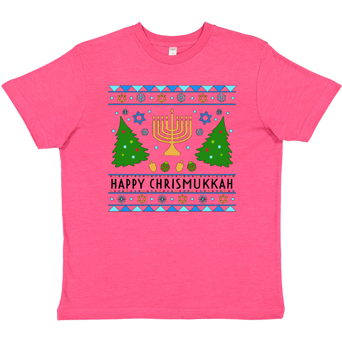 Inktastic Happy Chrismukkah Sweater Style With Menorah And Trees Youth T-Shirt - Picture 6 of 8