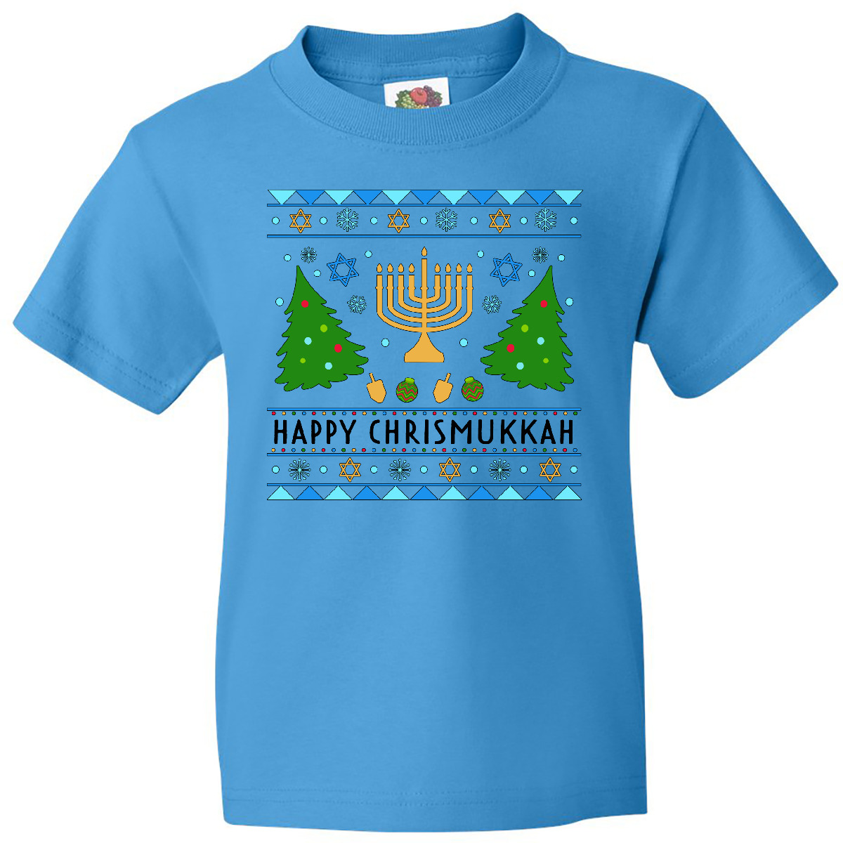 Inktastic Happy Chrismukkah Sweater Style With Menorah And Trees Youth T-Shirt - Picture 5 of 8