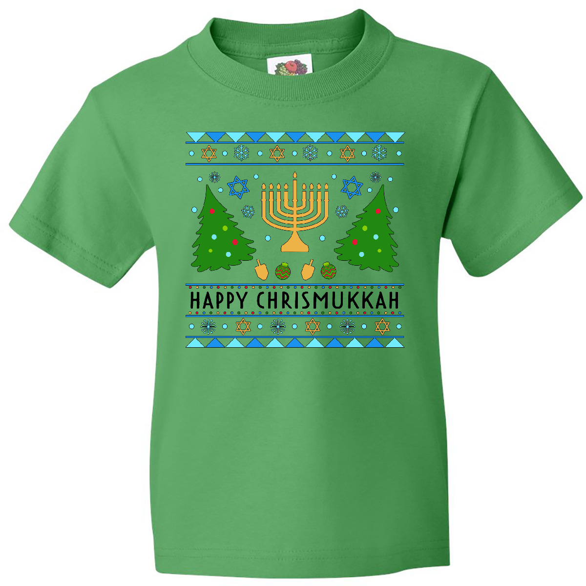 Inktastic Happy Chrismukkah Sweater Style With Menorah And Trees Youth T-Shirt - Picture 3 of 8