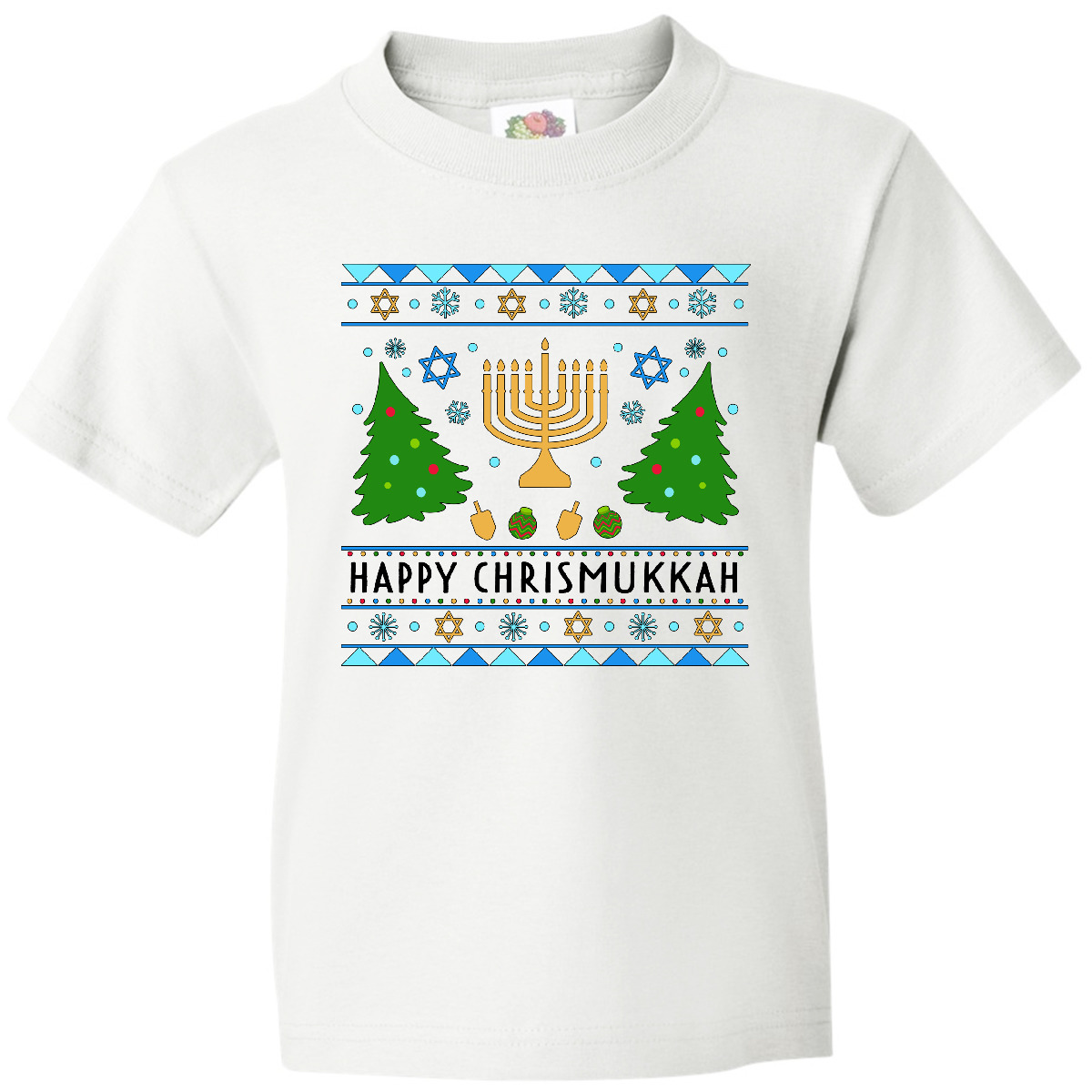 Inktastic Happy Chrismukkah Sweater Style With Menorah And Trees Youth T-Shirt - Picture 8 of 8
