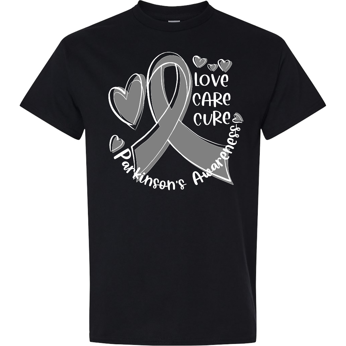 Inktastic Love, Care, Cure Parkinson’s Awareness With Gray Ribbon T-Shirt Family