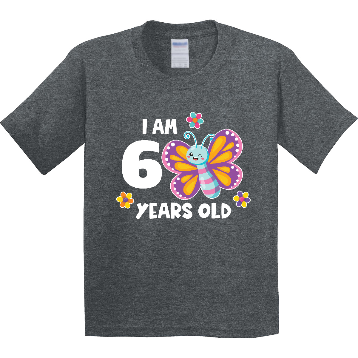 Inktastic I Am 6 Years Old Cute Smiling Butterfly With Flowers Youth T-Shirt Six - Picture 7 of 9