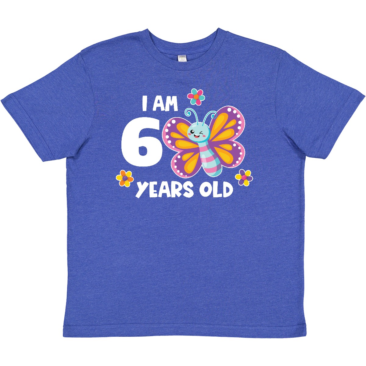 Inktastic I Am 6 Years Old Cute Smiling Butterfly With Flowers Youth T-Shirt Six - Picture 9 of 9