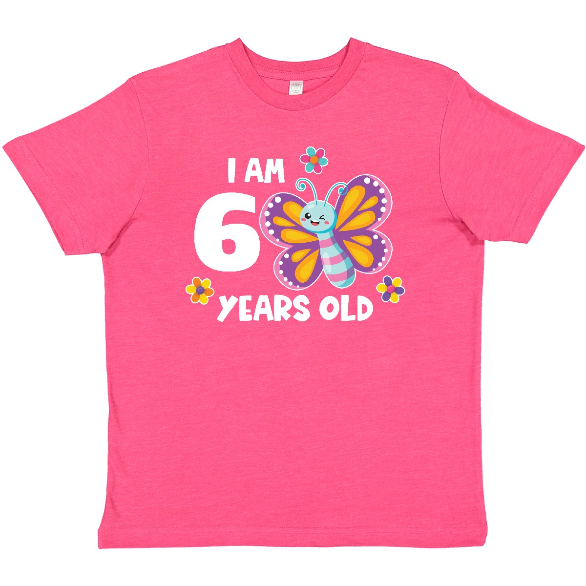 Inktastic I Am 6 Years Old Cute Smiling Butterfly With Flowers Youth T-Shirt Six - Picture 8 of 9
