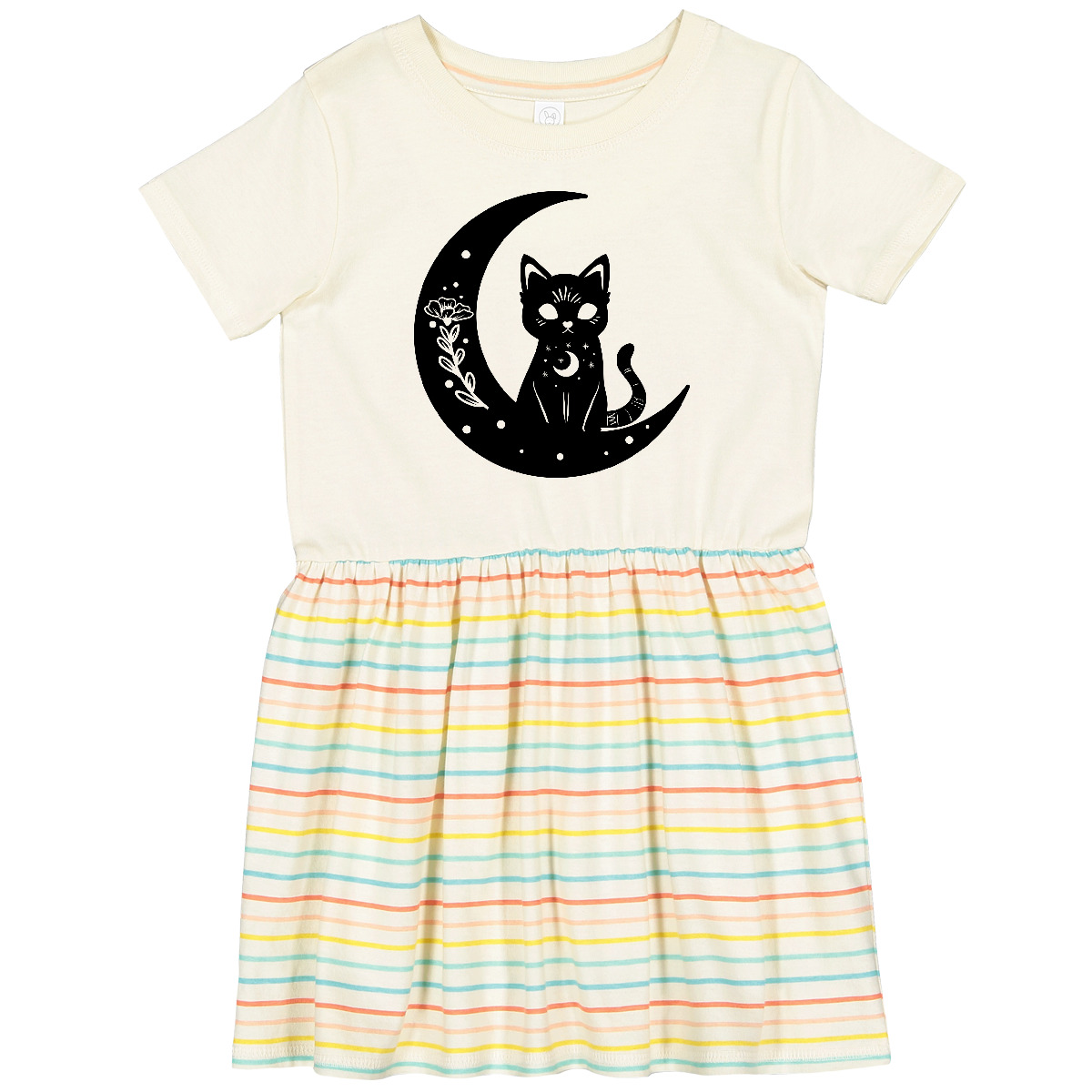 Inktastic Cat On Crescent Moon With Leaves And Stars Toddler Dress Pop Culture - Picture 3 of 6