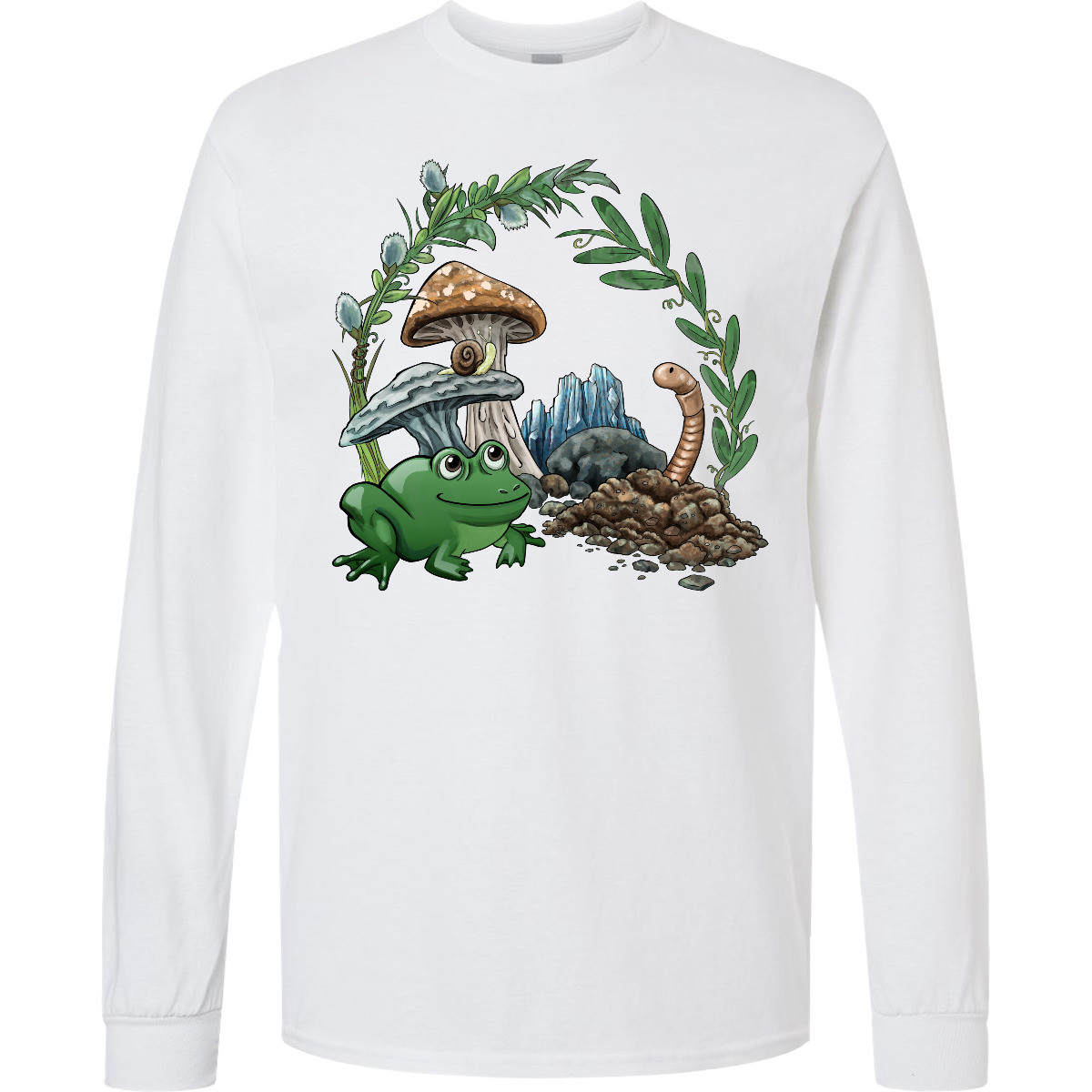 Inktastic Frog, Worm, Mushrooms Nature Scene Long Sleeve T-Shirt Gardening Dirt