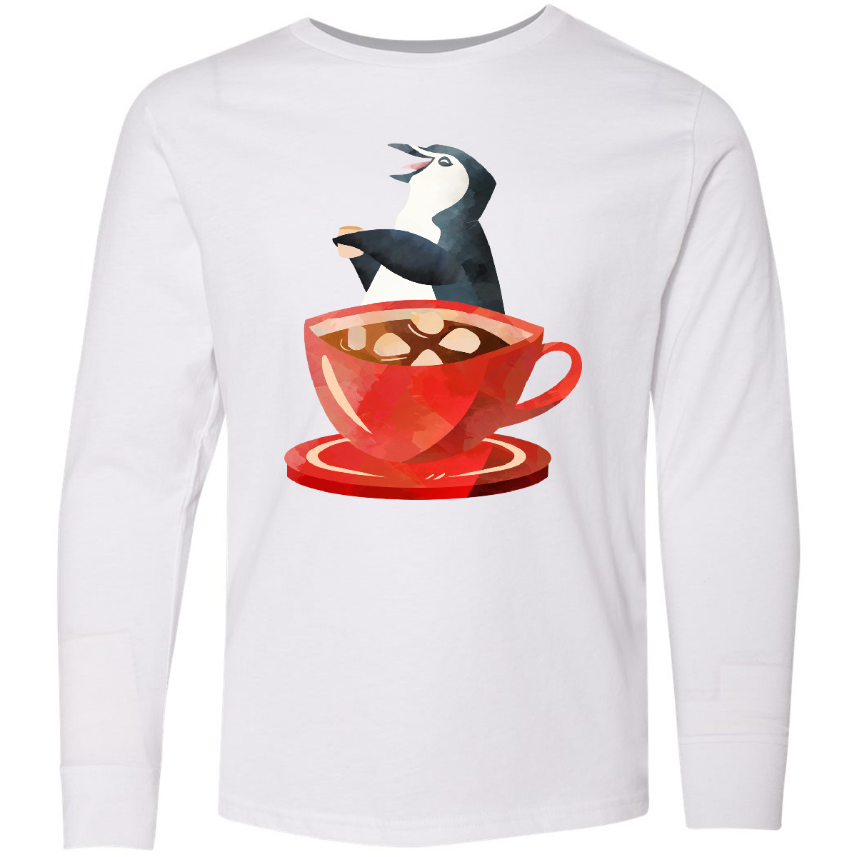 Inktastic Hot Chocolate Penguin Youth Long Sleeve T-Shirt Penguins Lover Cute - Picture 3 of 3