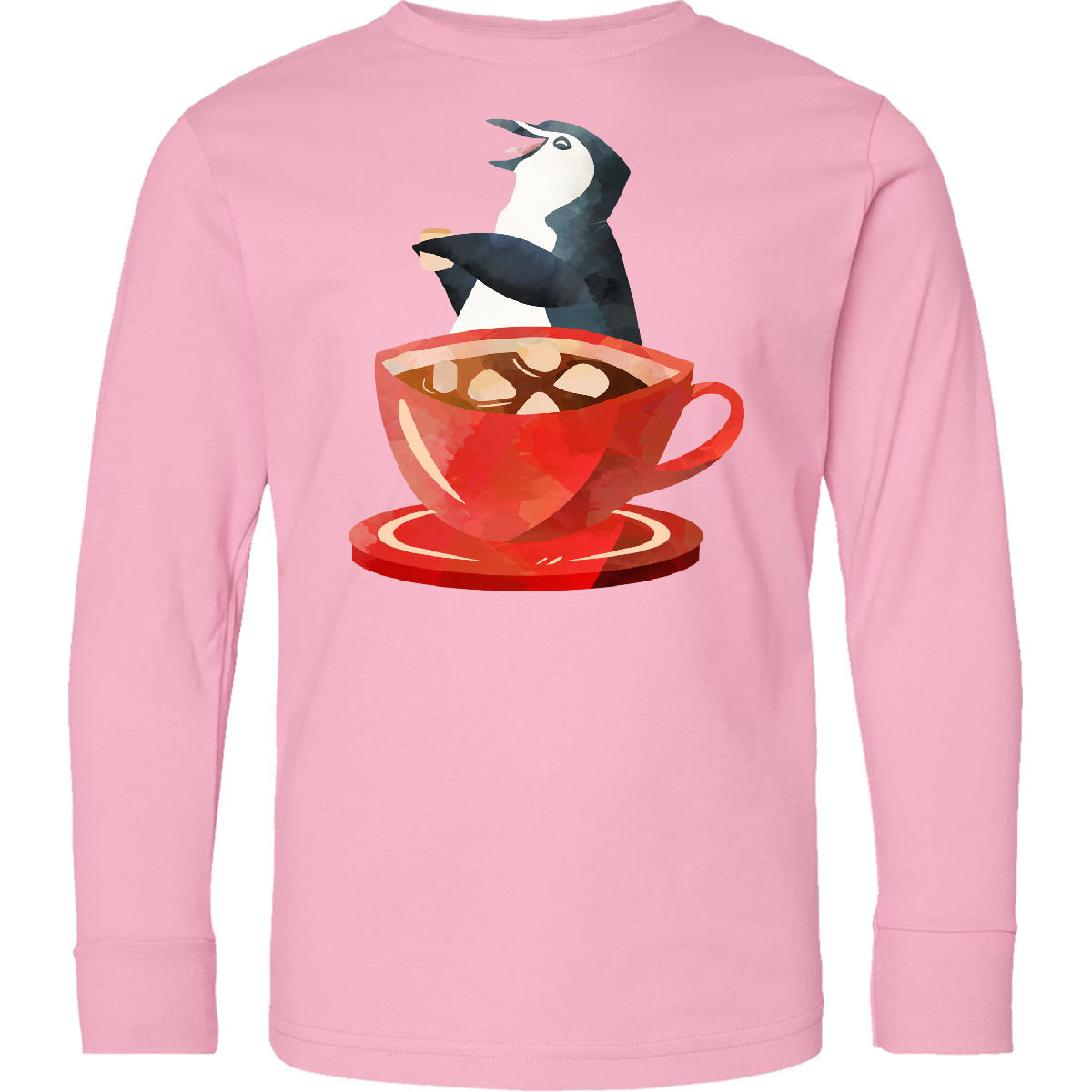 Inktastic Hot Chocolate Penguin Youth Long Sleeve T-Shirt Penguins Lover Cute - Picture 2 of 3