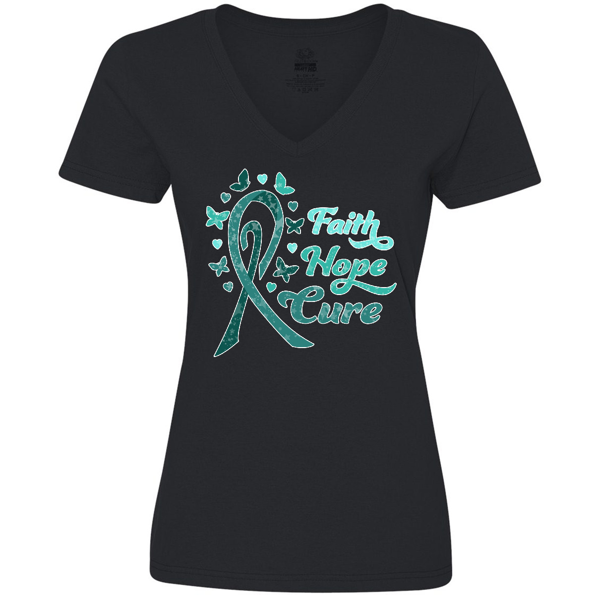 Inktastic Faith Hope Cure Ovarian Cancer Awareness Women's V-Neck T-Shirt Care