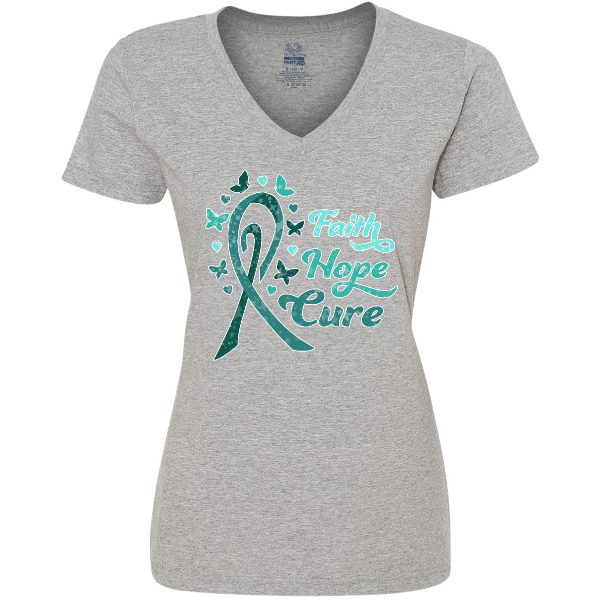 Inktastic Faith Hope Cure Ovarian Cancer Awareness Women's V-Neck T-Shirt Care