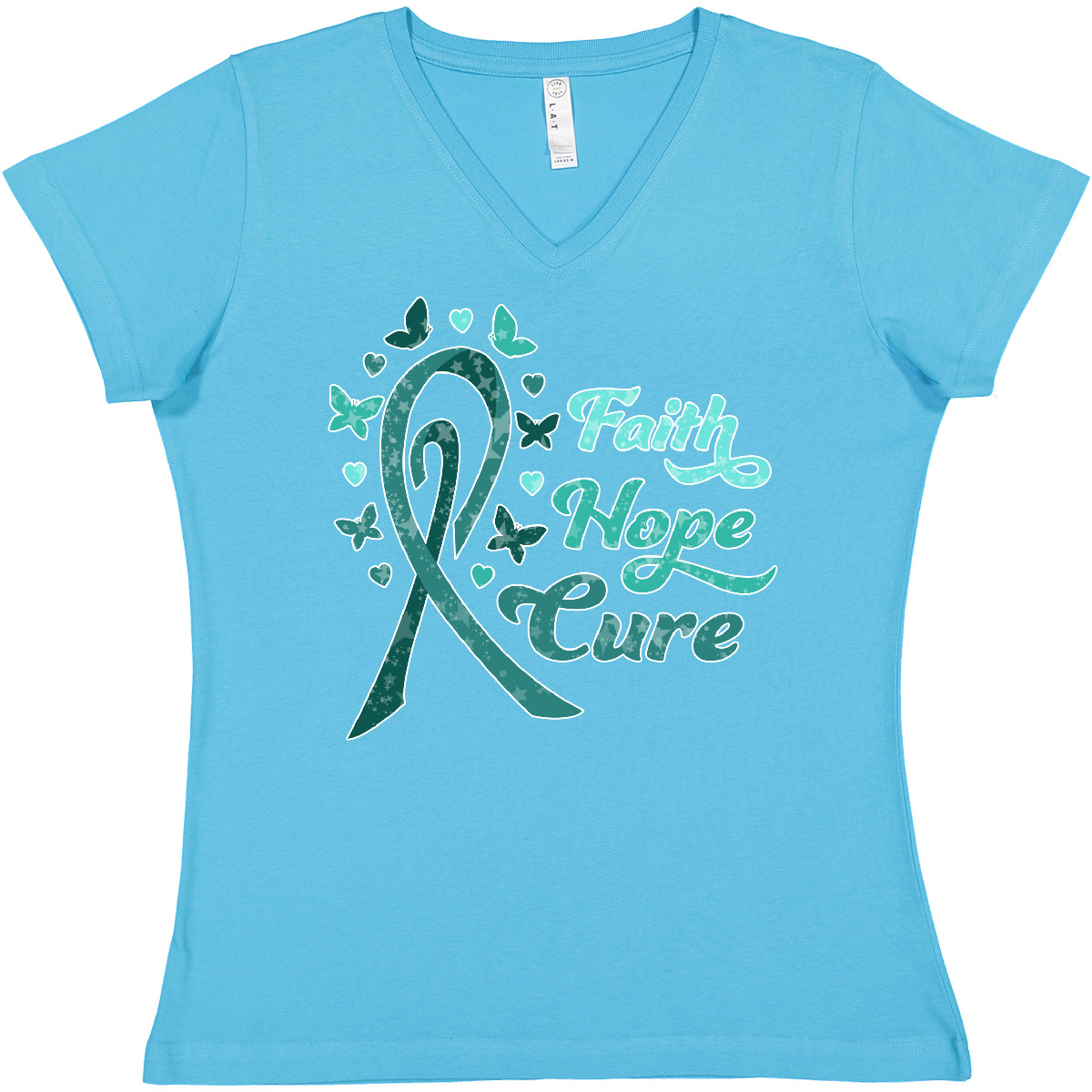 Inktastic Faith Hope Cure Ovarian Cancer Awareness Women's V-Neck T-Shirt Care