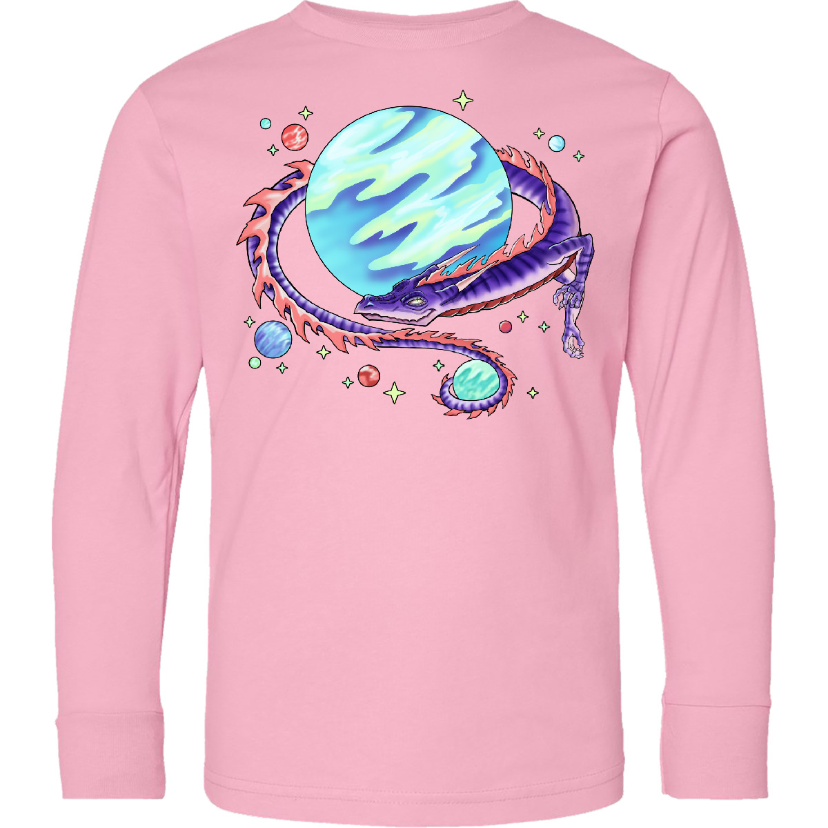 Inktastic Space Dragon And Planet Youth Long Sleeve T-Shirt Moons Stars Fantasy - Picture 3 of 4