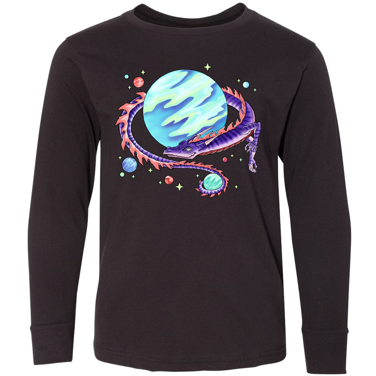 Inktastic Space Dragon And Planet Youth Long Sleeve T-Shirt Moons Stars Fantasy - Picture 2 of 4