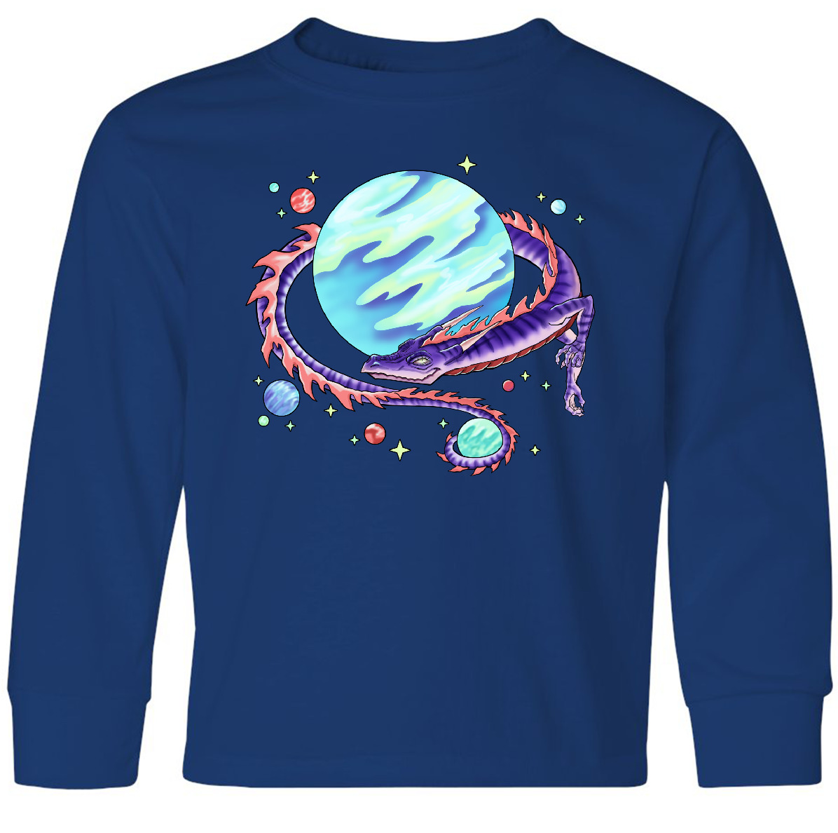 Inktastic Space Dragon And Planet Youth Long Sleeve T-Shirt Moons Stars Fantasy - Picture 4 of 4