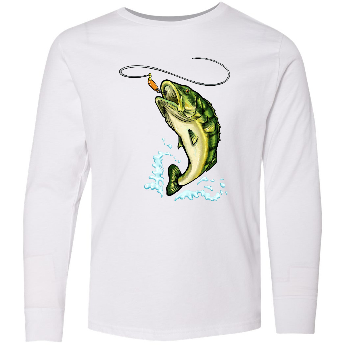 Inktastic Leaping Bass Fish Youth Long Sleeve T-Shirt Fishing Line Lure Splash - Picture 4 of 4