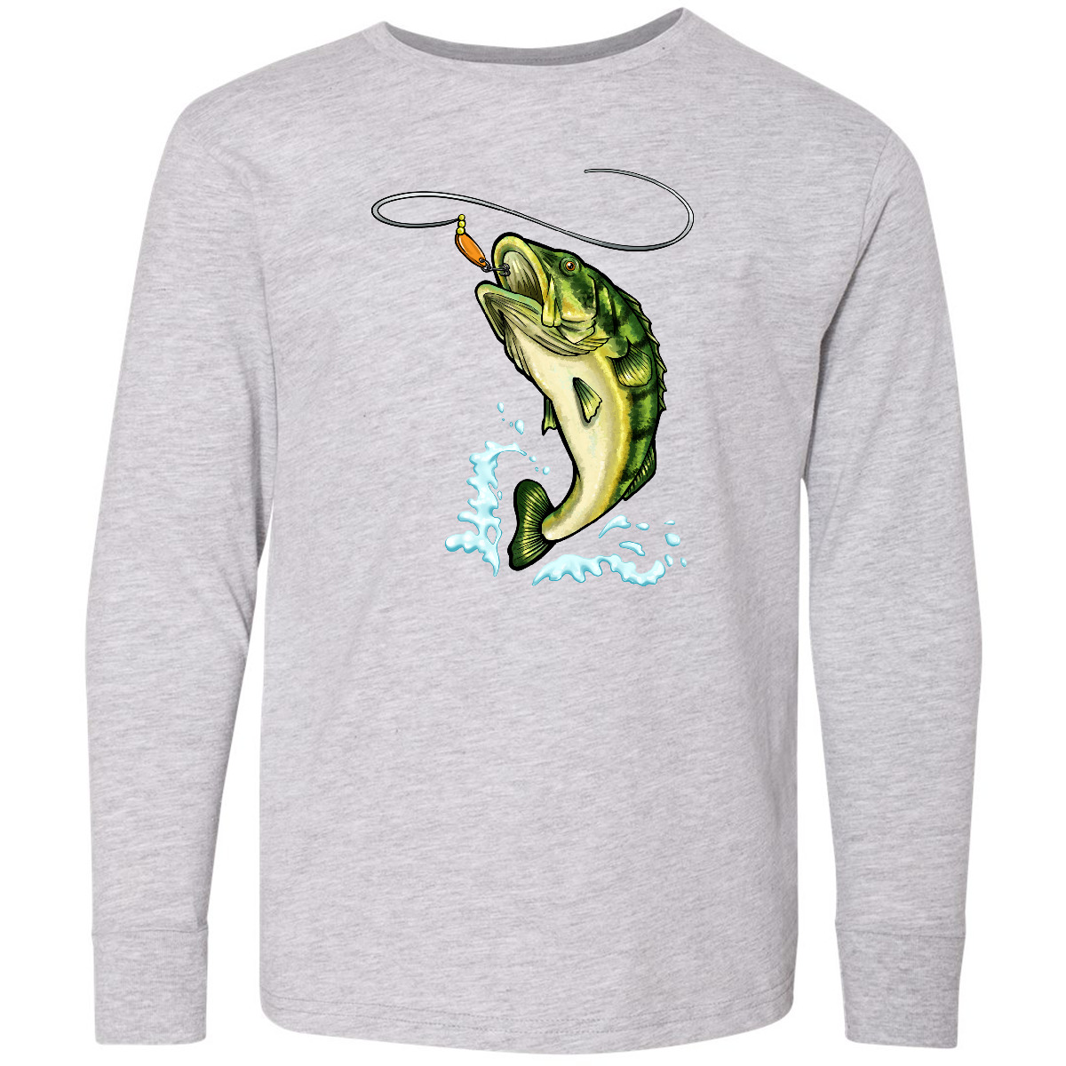 Inktastic Leaping Bass Fish Youth Long Sleeve T-Shirt Fishing Line Lure Splash - Picture 2 of 4