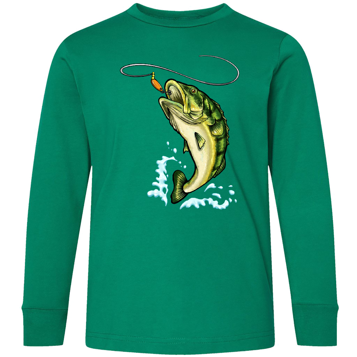 Inktastic Leaping Bass Fish Youth Long Sleeve T-Shirt Fishing Line Lure Splash - Picture 3 of 4