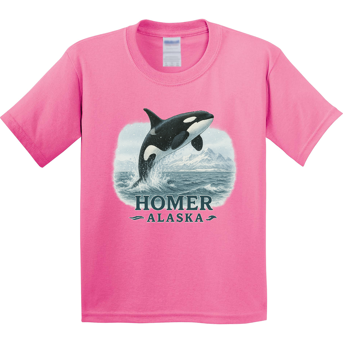 Inktastic Orca Whale Jumping Homer Alaska Scenic Youth T-Shirt Mountains Tee - Picture 2 of 8