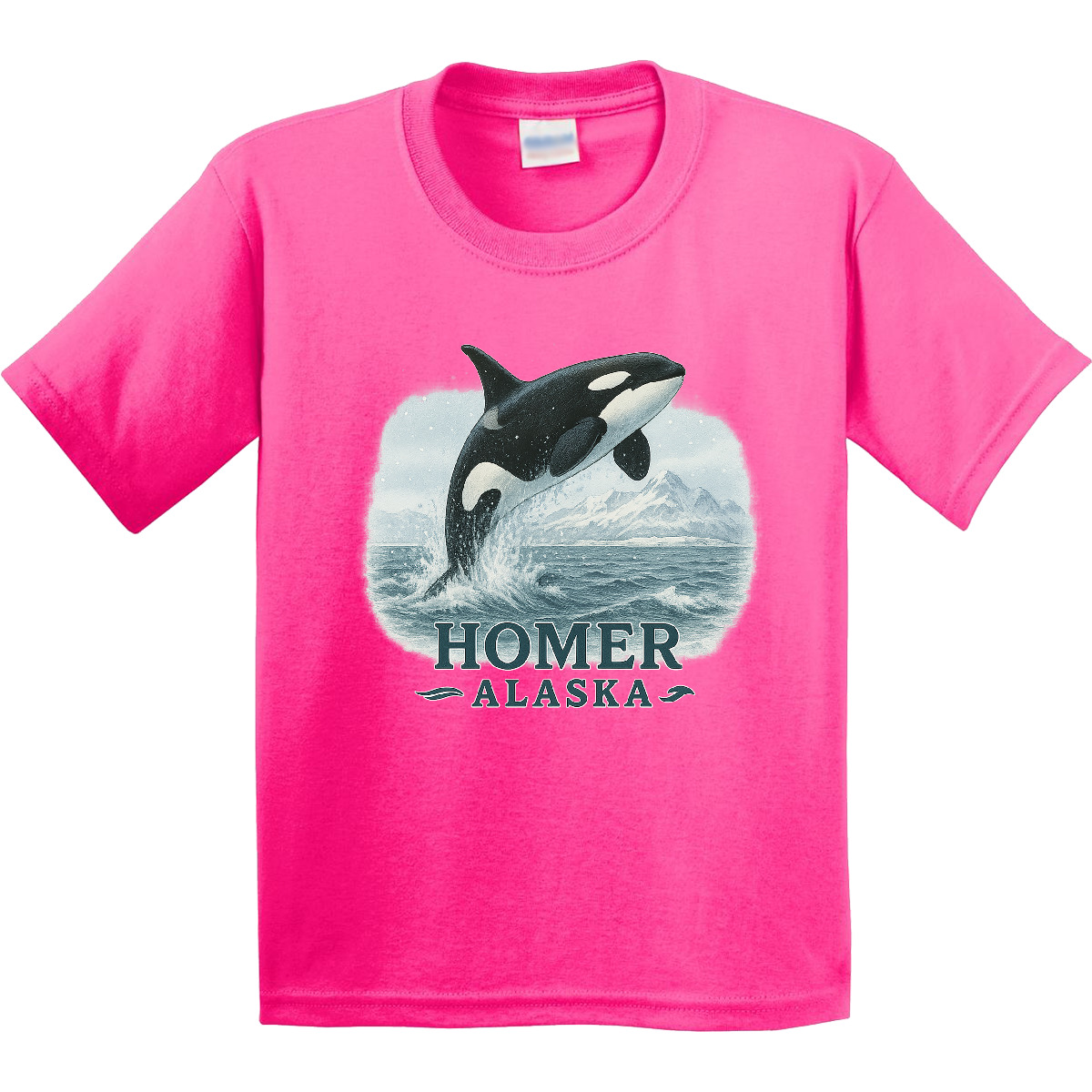 Inktastic Orca Whale Jumping Homer Alaska Scenic Youth T-Shirt Mountains Tee - Picture 5 of 8