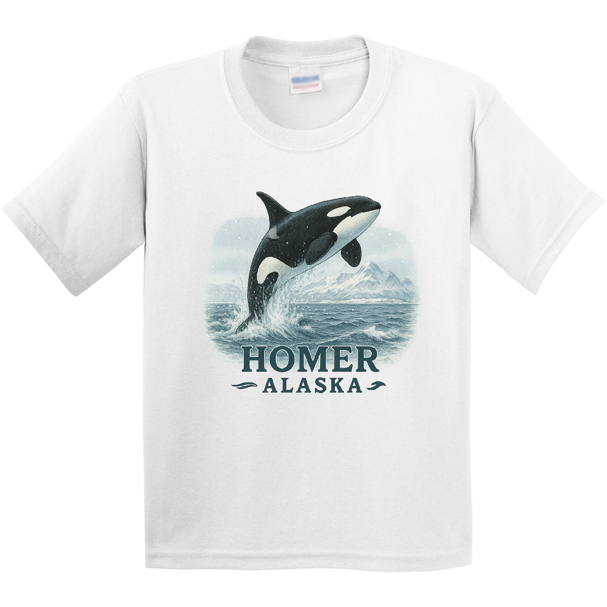 Inktastic Orca Whale Jumping Homer Alaska Scenic Youth T-Shirt Mountains Tee - Picture 8 of 8