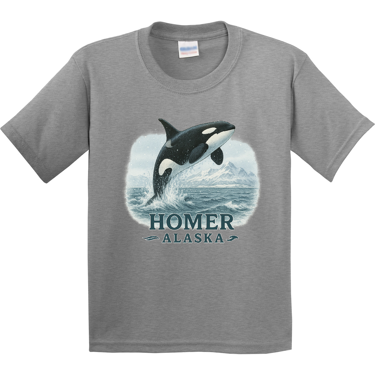 Inktastic Orca Whale Jumping Homer Alaska Scenic Youth T-Shirt Mountains Tee - Picture 4 of 8