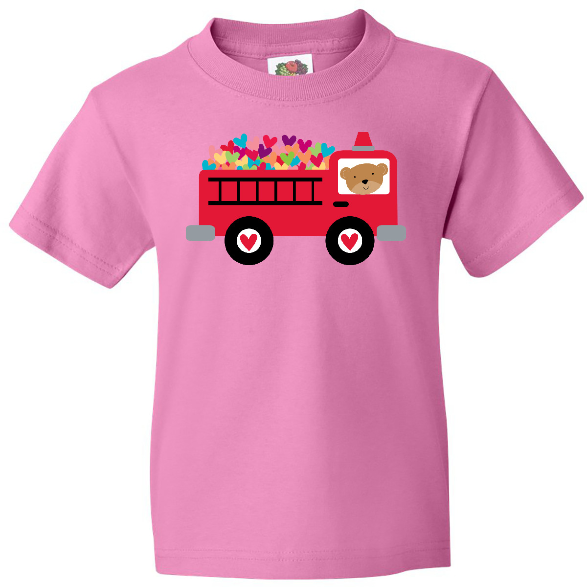 Inktastic Valentine Fire Truck Heart Bear Youth T-Shirt Babys 1st Valentines Day - Picture 2 of 9