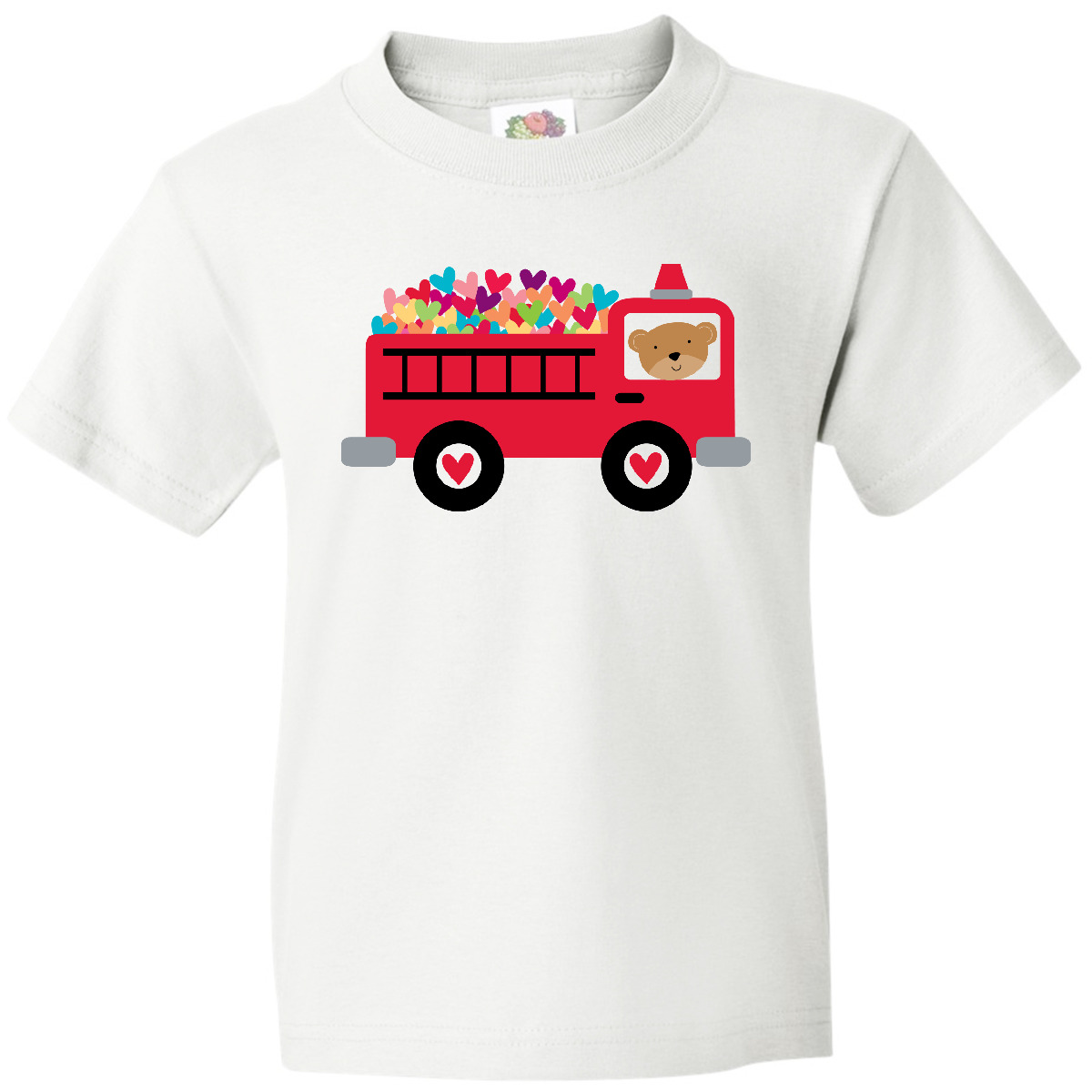 Inktastic Valentine Fire Truck Heart Bear Youth T-Shirt Babys 1st Valentines Day - Picture 9 of 9