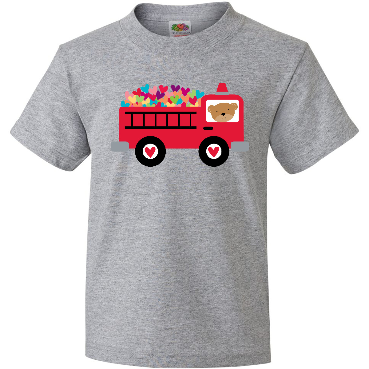 Inktastic Valentine Fire Truck Heart Bear Youth T-Shirt Babys 1st Valentines Day - Picture 3 of 9